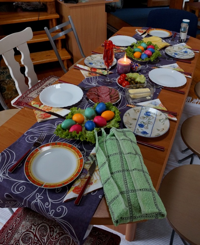 Easter morning meal at Sanda's apartment.  Sanda is from Romania, and this is standard fare for the occasion in that country.